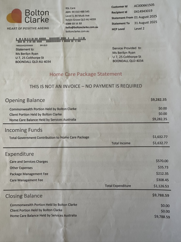 Bolton Clarke Home Care Package Statement — ABN: 90 010 488 545