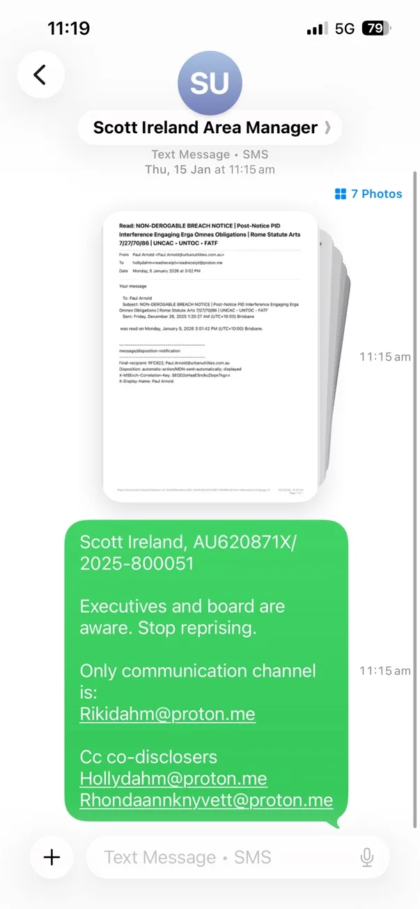 SMS to Scott Ireland, Urban Utilities Area Manager, 15 January 2026 at 11:15 am. Riki Dahm advises AU620871X / 2025-800051.